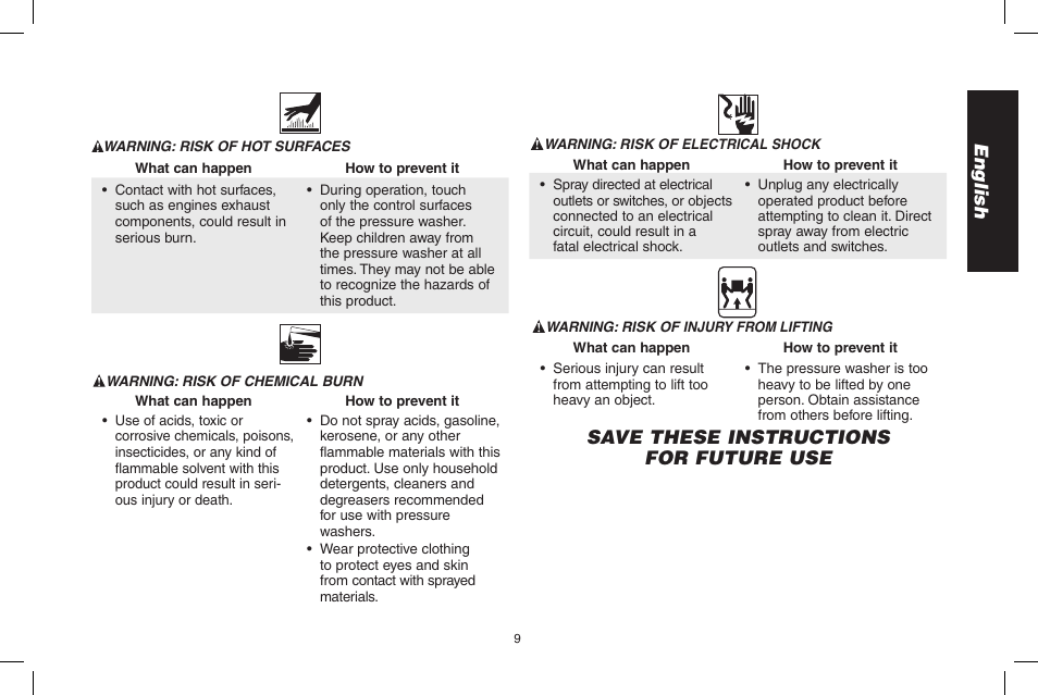 English, Save these instructions for future use | DeWalt N0003431 User Manual | Page 9 / 68
