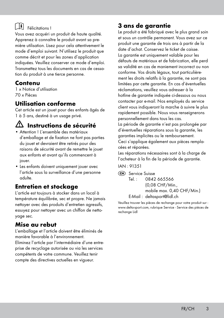 Contenu, Utilisation conforme, Instructions de sécurité | Entretien et stockage, Mise au rebut, 3 ans de garantie | Playtive PLUG-IN BUILDING BLOCKS User Manual | Page 3 / 8