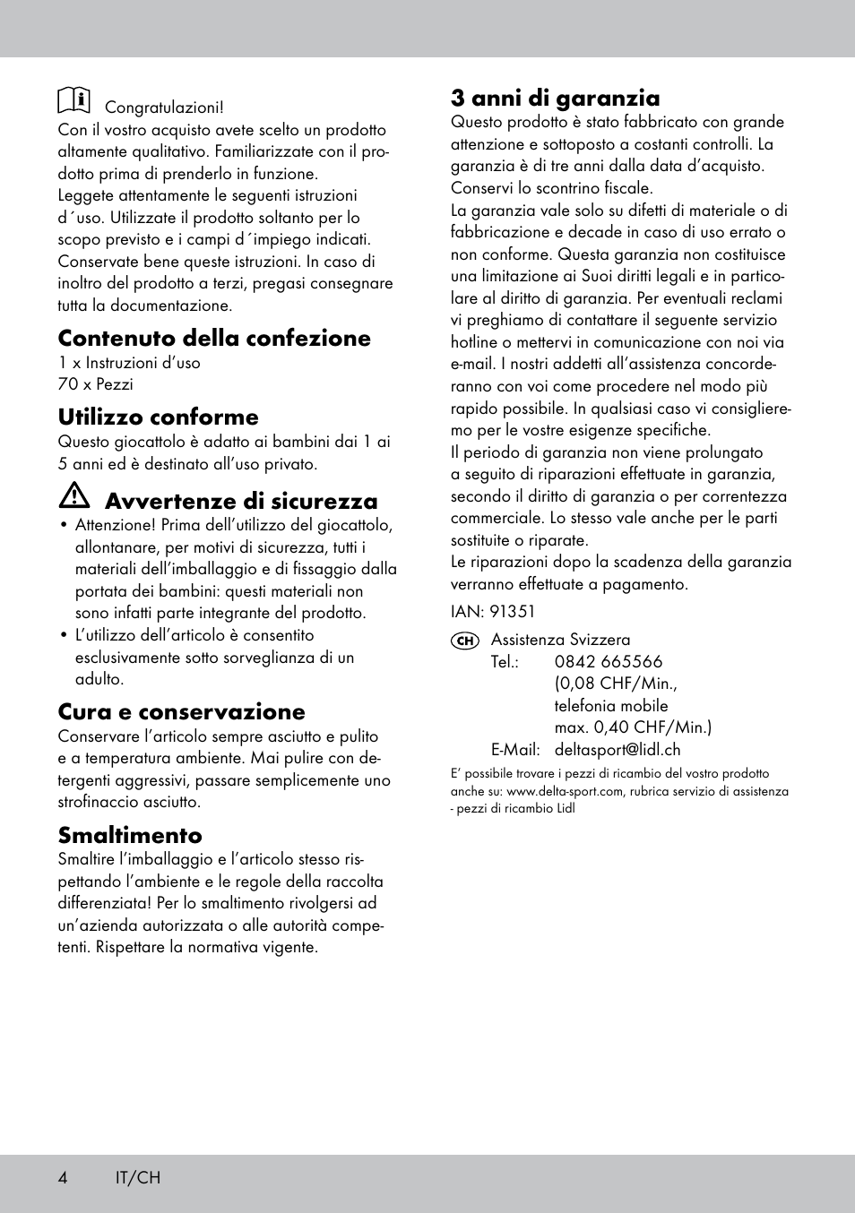 Contenuto della confezione, Utilizzo conforme, Avvertenze di sicurezza | Cura e conservazione, Smaltimento, 3 anni di garanzia | Playtive PLUG-IN BUILDING BLOCKS User Manual | Page 4 / 8