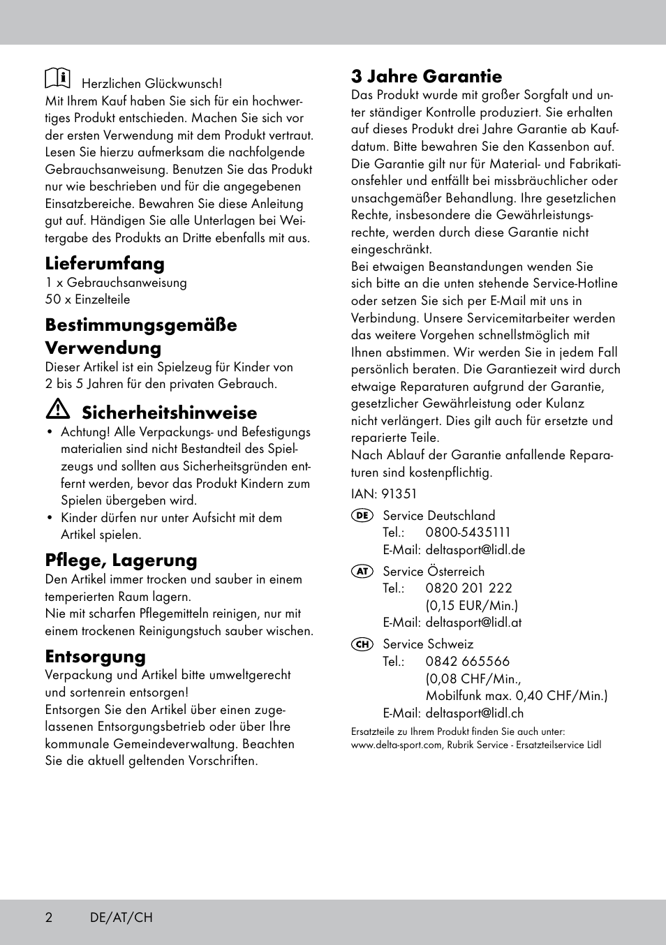 Lieferumfang, Bestimmungsgemäße verwendung, Sicherheitshinweise | Pflege, lagerung, Entsorgung, 3 jahre garantie | Playtive WOODEN TOWN BUILDING BLOCKS User Manual | Page 2 / 8