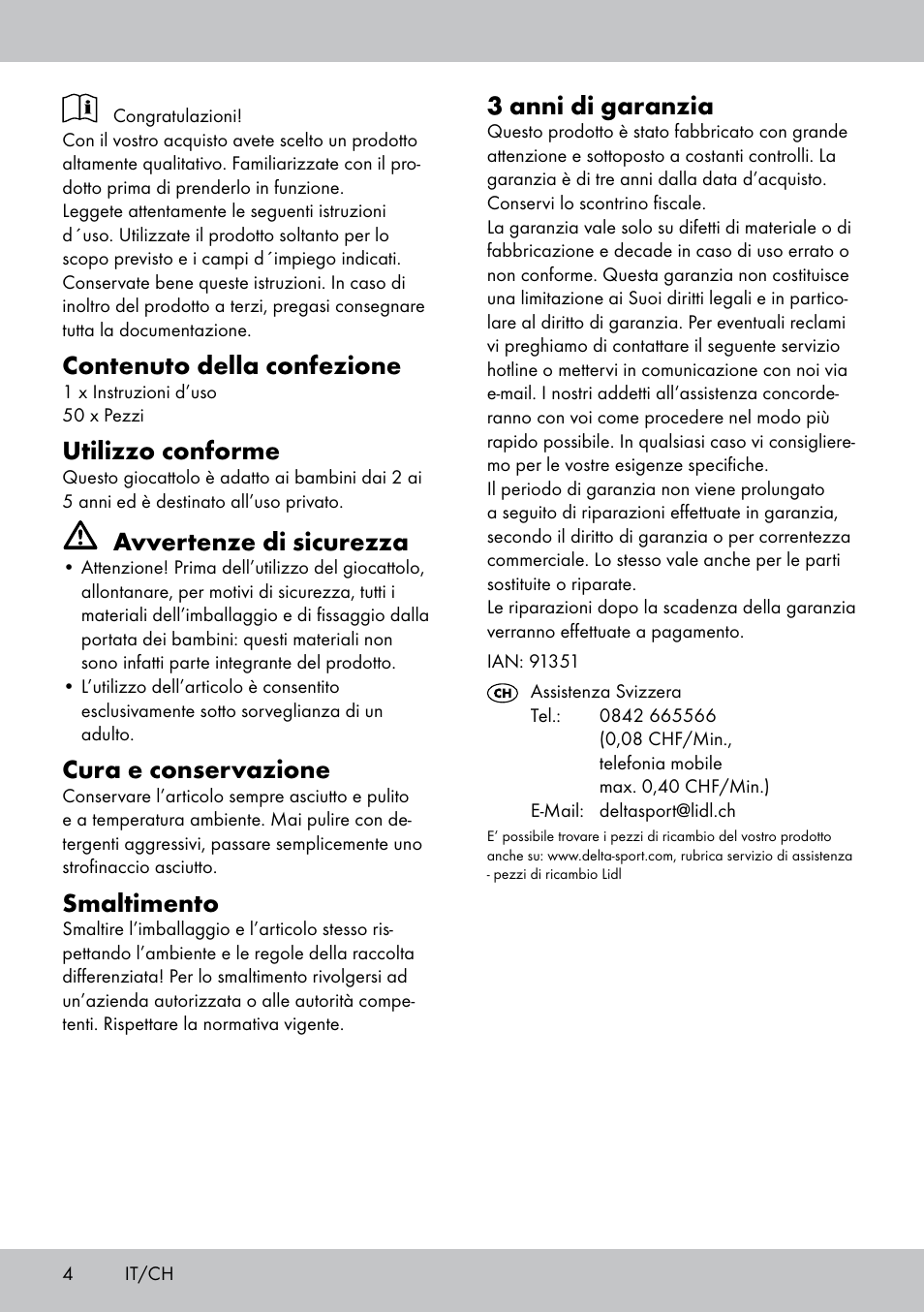 Contenuto della confezione, Utilizzo conforme, Avvertenze di sicurezza | Cura e conservazione, Smaltimento, 3 anni di garanzia | Playtive WOODEN TOWN BUILDING BLOCKS User Manual | Page 4 / 8