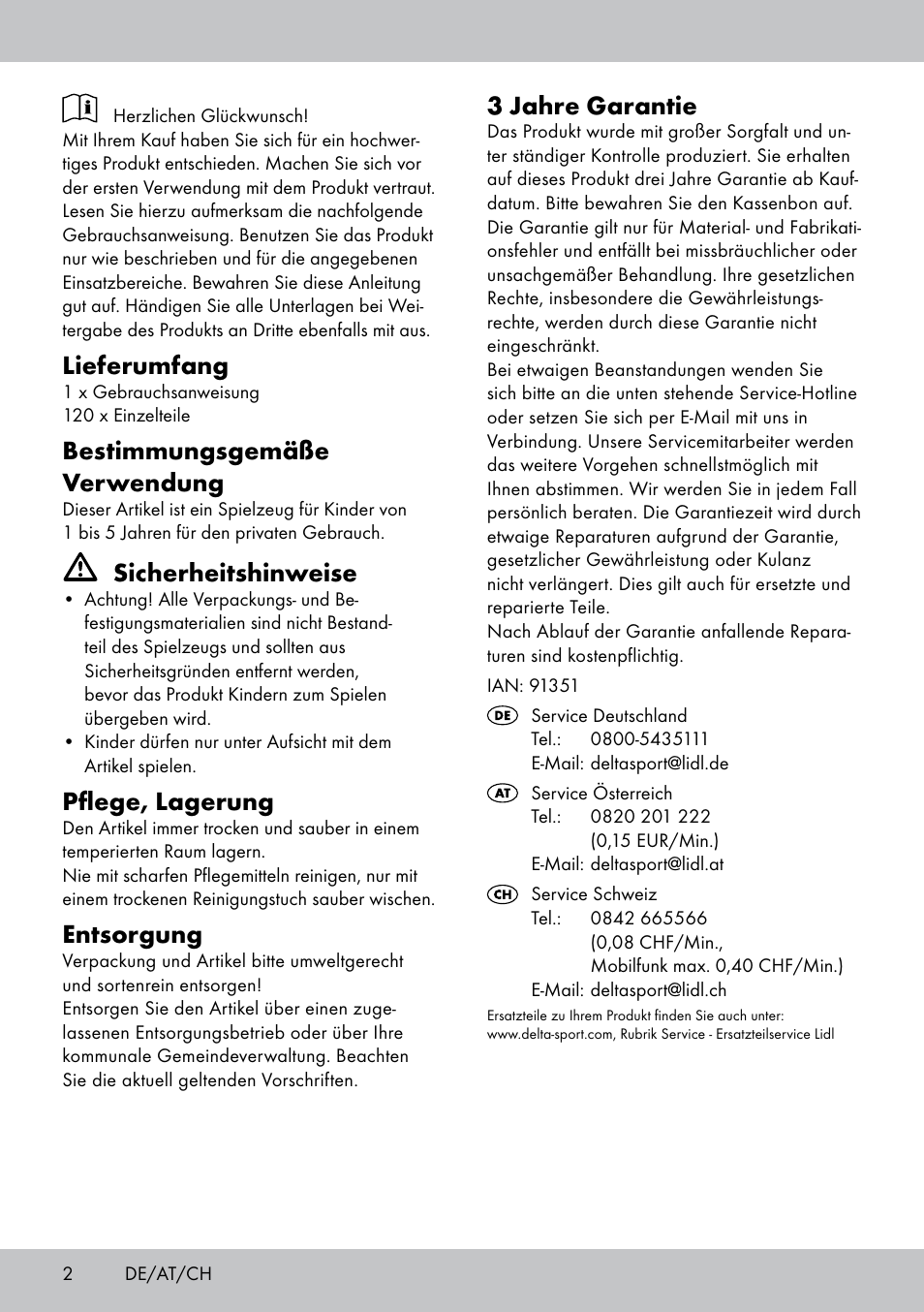 Lieferumfang, Bestimmungsgemäße verwendung, Sicherheitshinweise | Pflege, lagerung, Entsorgung, 3 jahre garantie | Playtive WOODEN BUILDING BLOCKS User Manual | Page 2 / 8