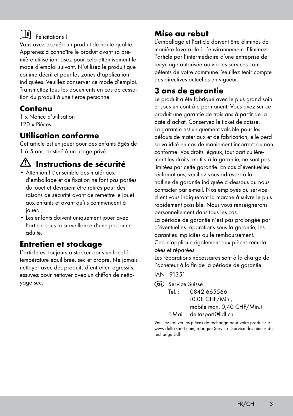 Contenu, Utilisation conforme, Instructions de sécurité | Entretien et stockage, Mise au rebut, 3 ans de garantie | Playtive WOODEN BUILDING BLOCKS User Manual | Page 3 / 8