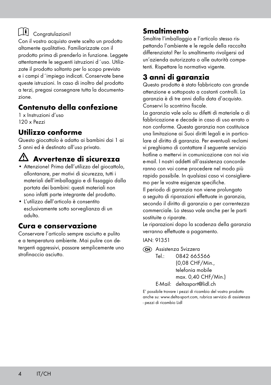 Contenuto della confezione, Utilizzo conforme, Avvertenze di sicurezza | Cura e conservazione, Smaltimento, 3 anni di garanzia | Playtive WOODEN BUILDING BLOCKS User Manual | Page 4 / 8