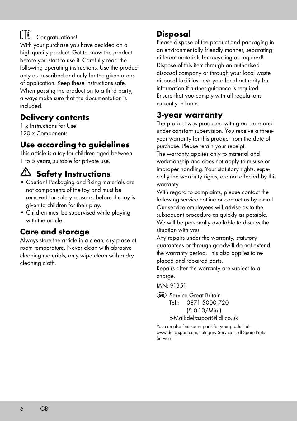 Delivery contents, Use according to guidelines, Safety instructions | Care and storage, Disposal, Year warranty | Playtive WOODEN BUILDING BLOCKS User Manual | Page 6 / 8