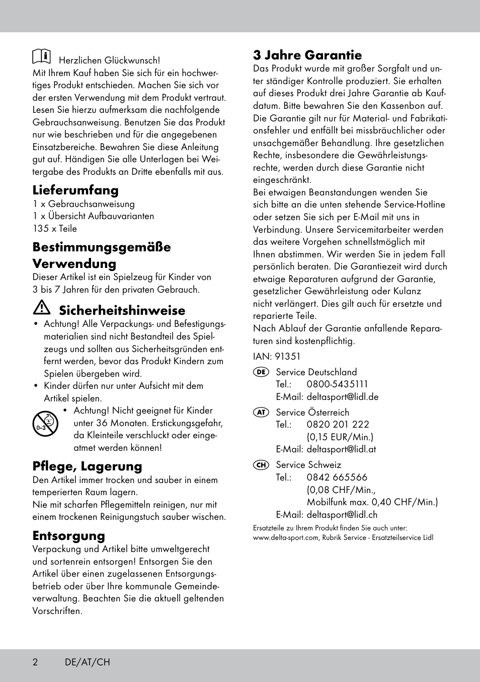 Lieferumfang, Bestimmungsgemäße verwendung, Sicherheitshinweise | Pflege, lagerung, Entsorgung, 3 jahre garantie | Playtive BUILDING BLOCKS User Manual | Page 2 / 8