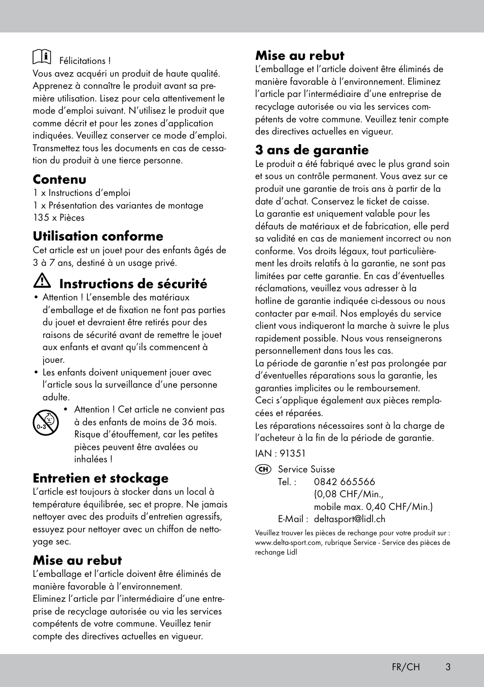 Contenu, Utilisation conforme, Instructions de sécurité | Entretien et stockage, Mise au rebut, 3 ans de garantie | Playtive BUILDING BLOCKS User Manual | Page 3 / 8