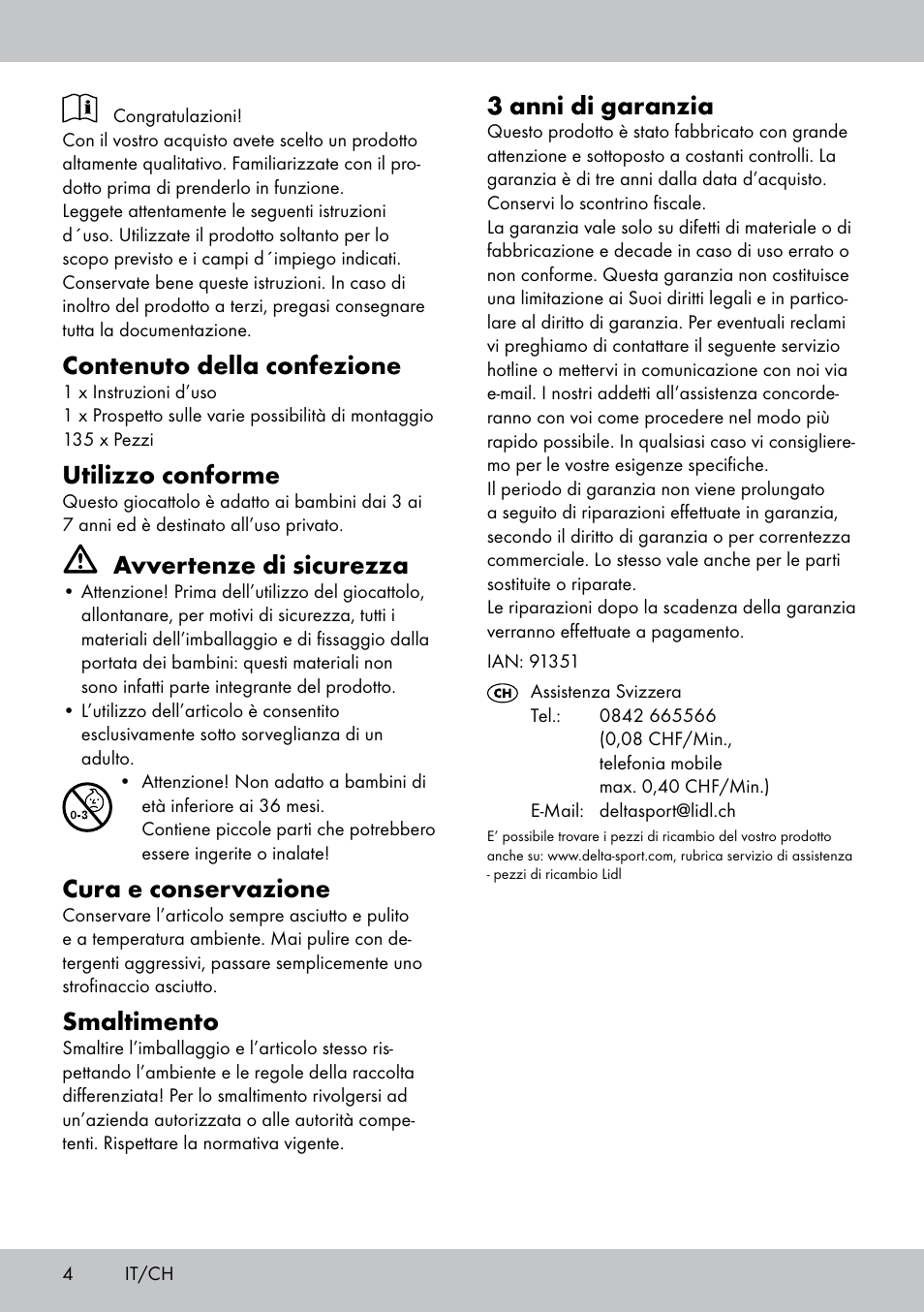 Contenuto della confezione, Utilizzo conforme, Avvertenze di sicurezza | Cura e conservazione, Smaltimento, 3 anni di garanzia | Playtive BUILDING BLOCKS User Manual | Page 4 / 8