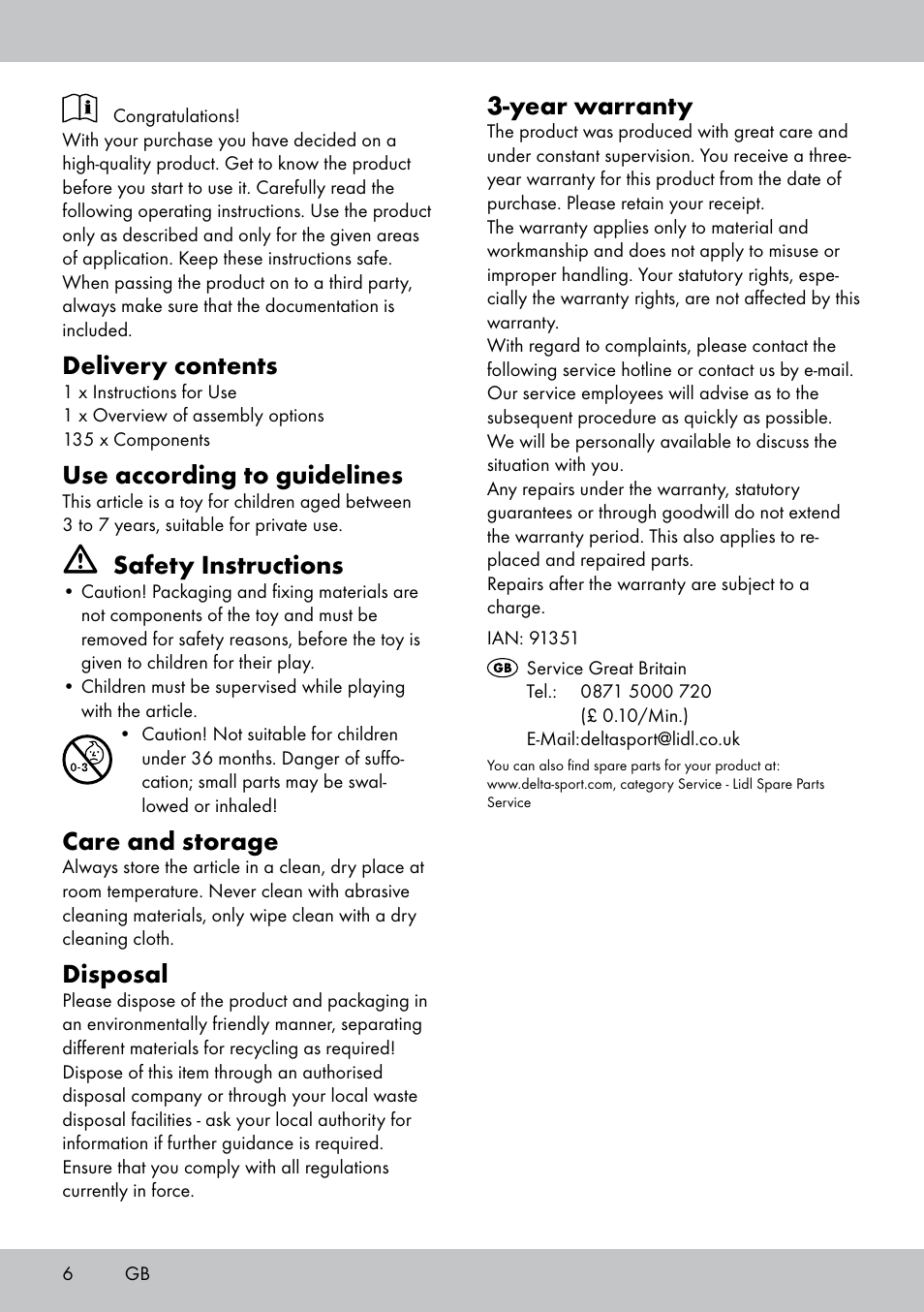 Delivery contents, Use according to guidelines, Safety instructions | Care and storage, Disposal, Year warranty | Playtive BUILDING BLOCKS User Manual | Page 6 / 8