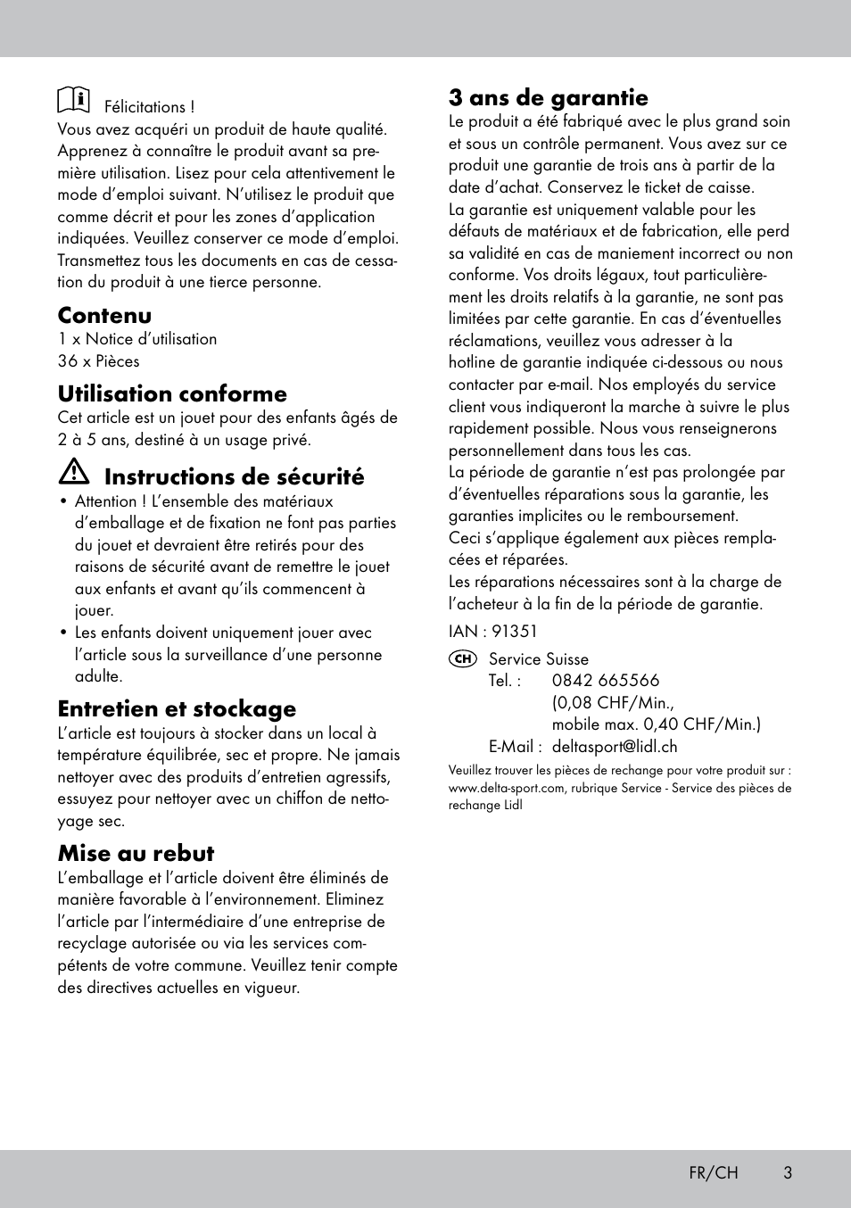 Contenu, Utilisation conforme, Instructions de sécurité | Entretien et stockage, Mise au rebut, 3 ans de garantie | Playtive WOODEN MARBLE RUN User Manual | Page 3 / 8