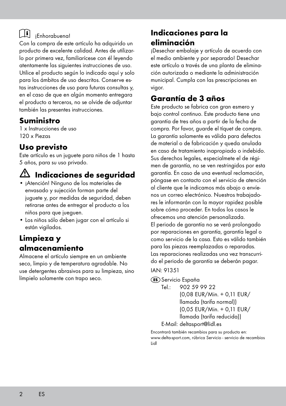 Suministro, Uso previsto, Indicaciones de seguridad | Limpieza y almacenamiento, Indicaciones para la eliminación, Garantía de 3 años | Playtive WOODEN BUILDING BLOCKS User Manual | Page 2 / 8