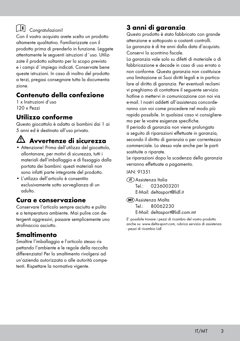 Contenuto della confezione, Utilizzo conforme, Avvertenze di sicurezza | Cura e conservazione, Smaltimento, 3 anni di garanzia | Playtive WOODEN BUILDING BLOCKS User Manual | Page 3 / 8