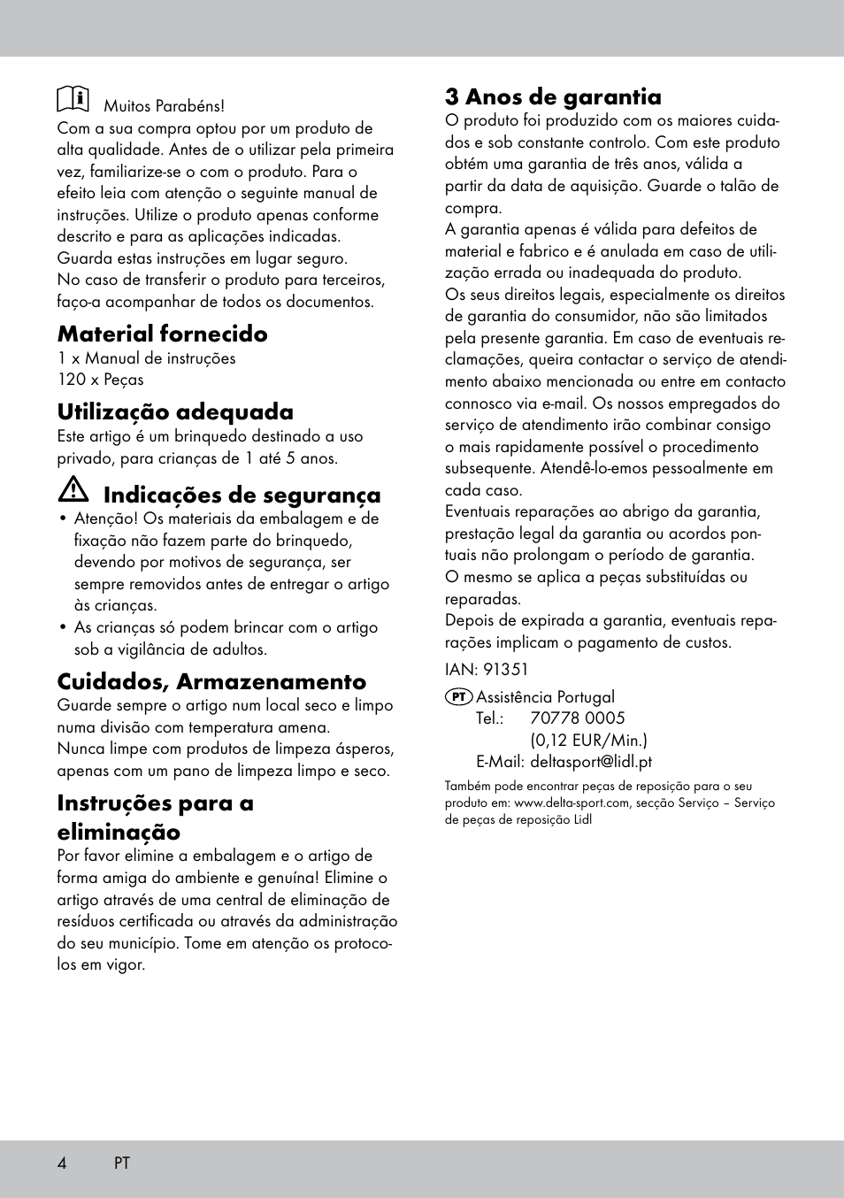 Material fornecido, Utilização adequada, Indicações de segurança | Cuidados, armazenamento, Instruções para a eliminação, 3 anos de garantia | Playtive WOODEN BUILDING BLOCKS User Manual | Page 4 / 8