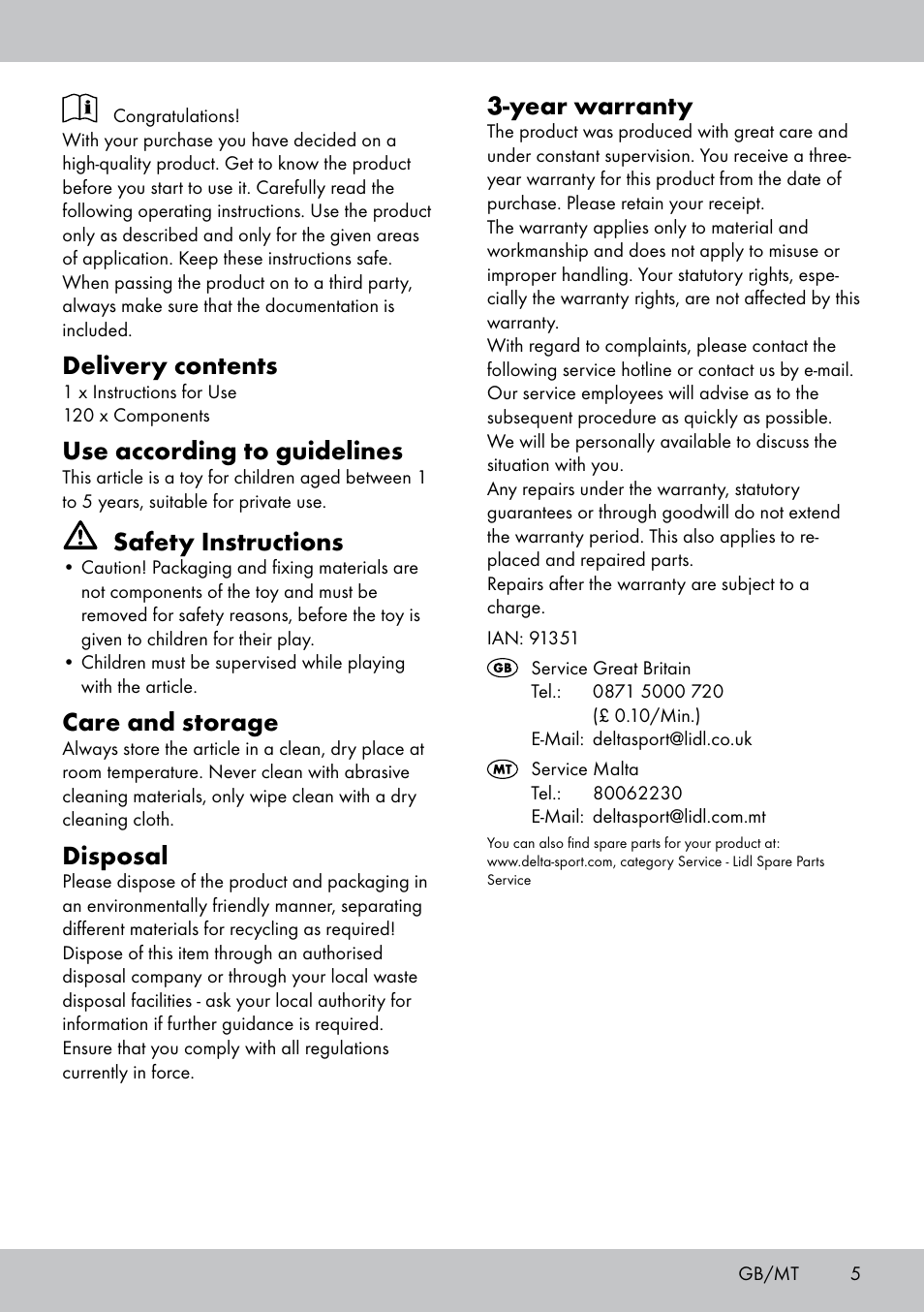 Delivery contents, Use according to guidelines, Safety instructions | Care and storage, Disposal, Year warranty | Playtive WOODEN BUILDING BLOCKS User Manual | Page 5 / 8