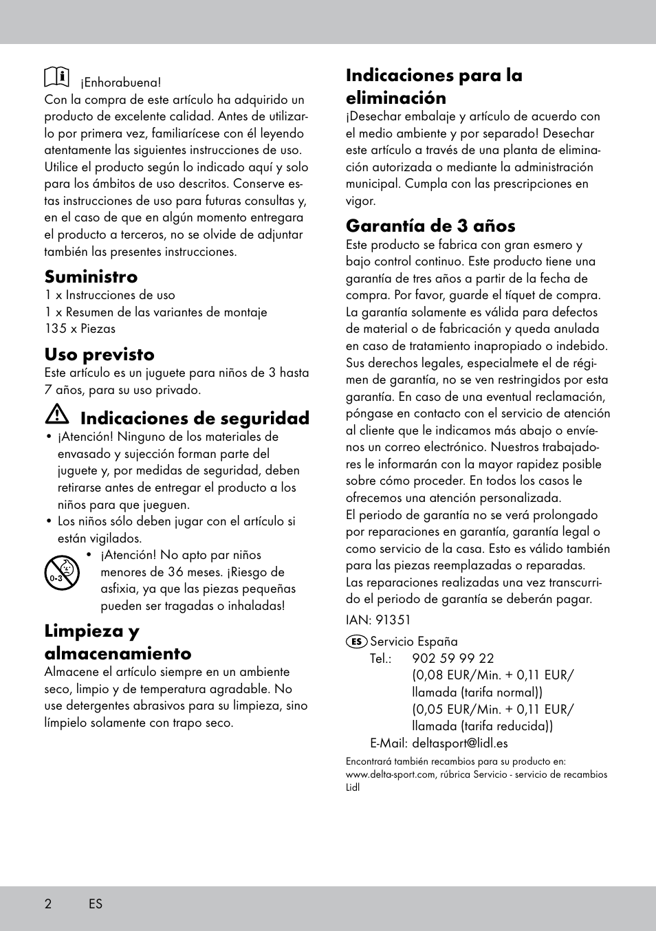 Suministro, Uso previsto, Indicaciones de seguridad | Limpieza y almacenamiento, Indicaciones para la eliminación, Garantía de 3 años | Playtive BUILDING BLOCKS User Manual | Page 2 / 8