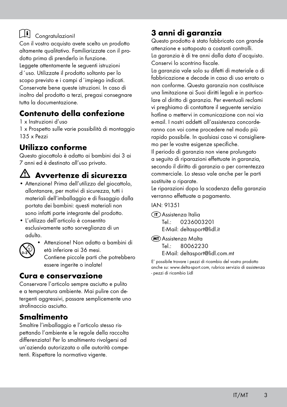 Contenuto della confezione, Utilizzo conforme, Avvertenze di sicurezza | Cura e conservazione, Smaltimento, 3 anni di garanzia | Playtive BUILDING BLOCKS User Manual | Page 3 / 8