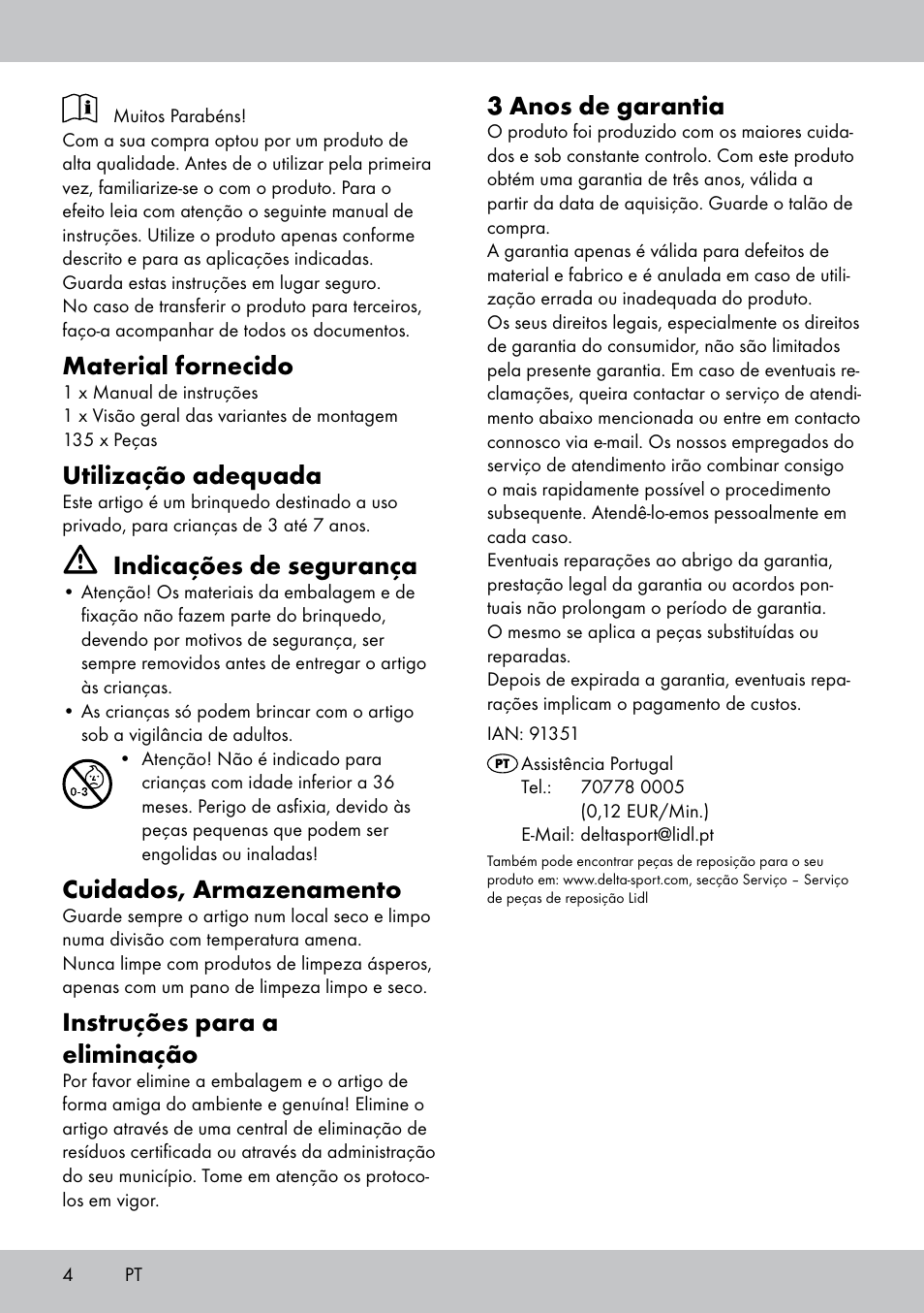 Material fornecido, Utilização adequada, Indicações de segurança | Cuidados, armazenamento, Instruções para a eliminação, 3 anos de garantia | Playtive BUILDING BLOCKS User Manual | Page 4 / 8