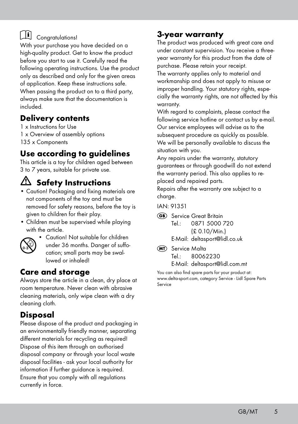 Delivery contents, Use according to guidelines, Safety instructions | Care and storage, Disposal, Year warranty | Playtive BUILDING BLOCKS User Manual | Page 5 / 8