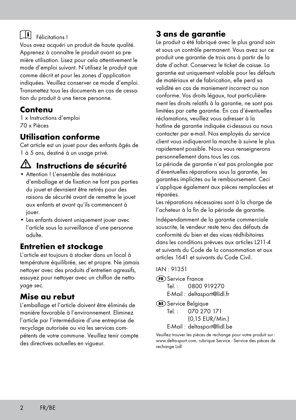 Contenu, Utilisation conforme, Instructions de sécurité | Entretien et stockage, Mise au rebut, 3 ans de garantie | Playtive PLUG-IN BUILDING BLOCKS User Manual | Page 2 / 8