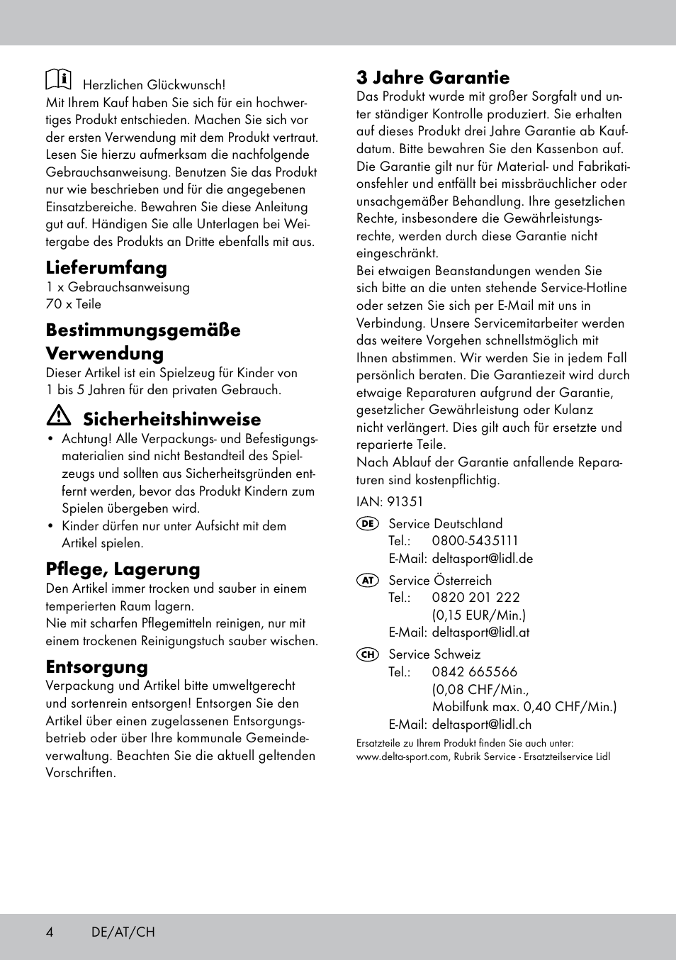 Lieferumfang, Bestimmungsgemäße verwendung, Sicherheitshinweise | Pflege, lagerung, Entsorgung, 3 jahre garantie | Playtive PLUG-IN BUILDING BLOCKS User Manual | Page 4 / 8