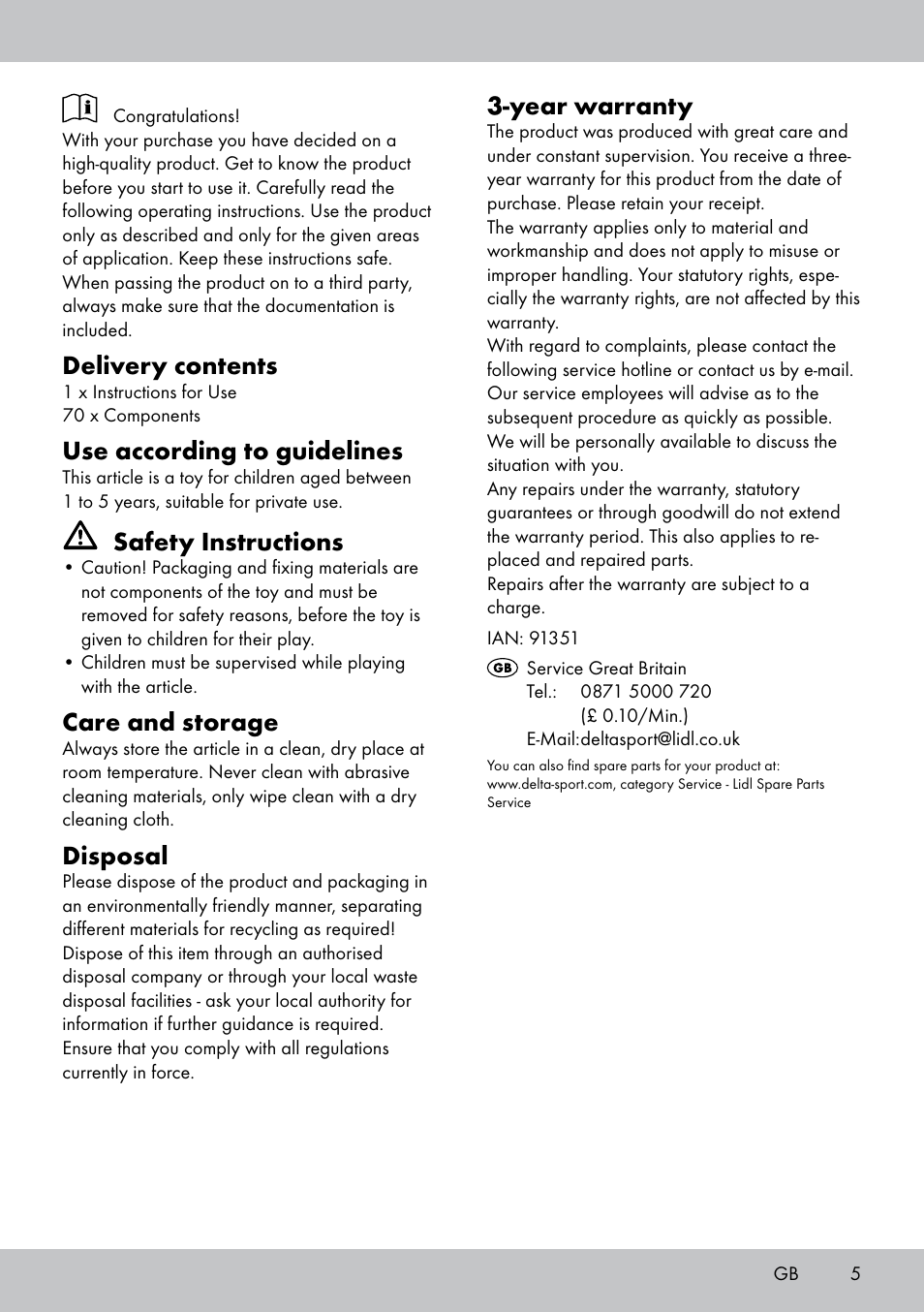 Delivery contents, Use according to guidelines, Safety instructions | Care and storage, Disposal, Year warranty | Playtive PLUG-IN BUILDING BLOCKS User Manual | Page 5 / 8