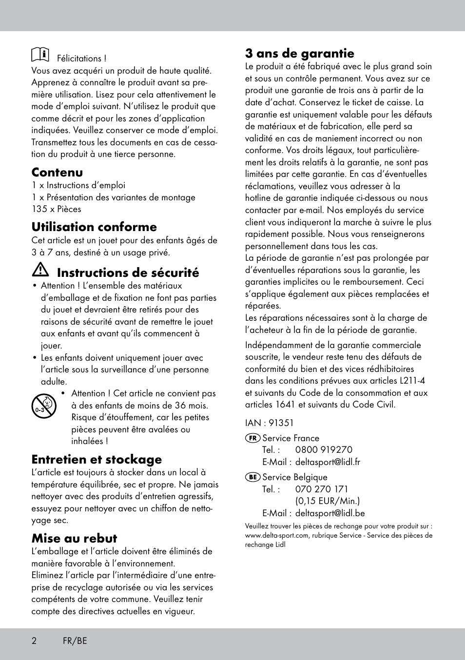 Contenu, Utilisation conforme, Instructions de sécurité | Entretien et stockage, Mise au rebut, 3 ans de garantie | Playtive BUILDING BLOCKS User Manual | Page 2 / 8