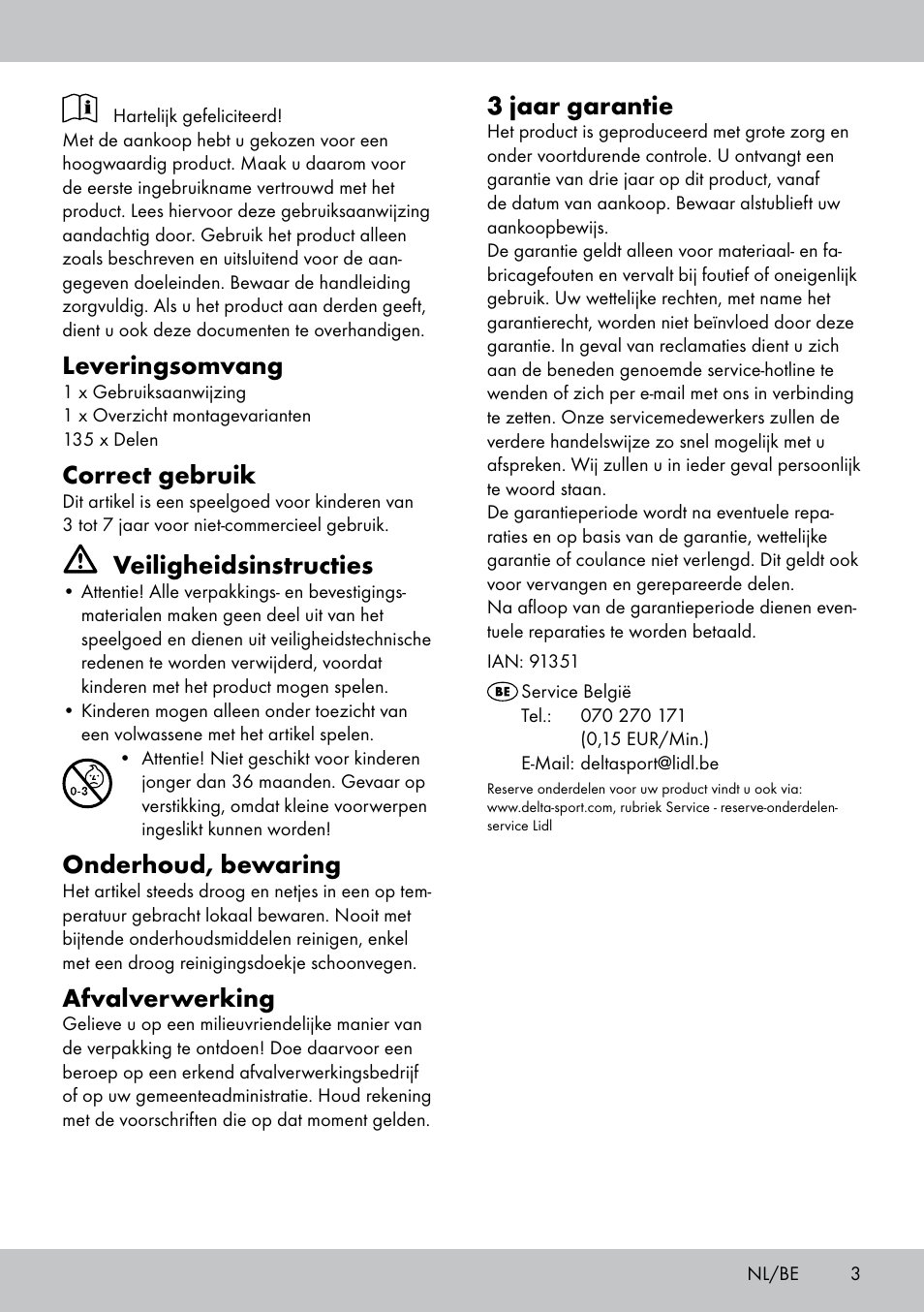 Leveringsomvang, Correct gebruik, Veiligheidsinstructies | Onderhoud, bewaring, Afvalverwerking, 3 jaar garantie | Playtive BUILDING BLOCKS User Manual | Page 3 / 8