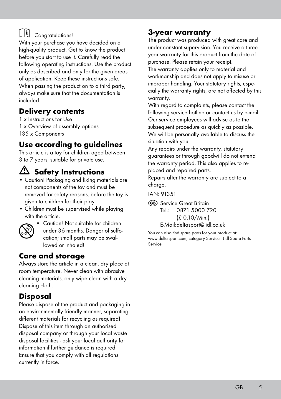 Delivery contents, Use according to guidelines, Safety instructions | Care and storage, Disposal, Year warranty | Playtive BUILDING BLOCKS User Manual | Page 5 / 8