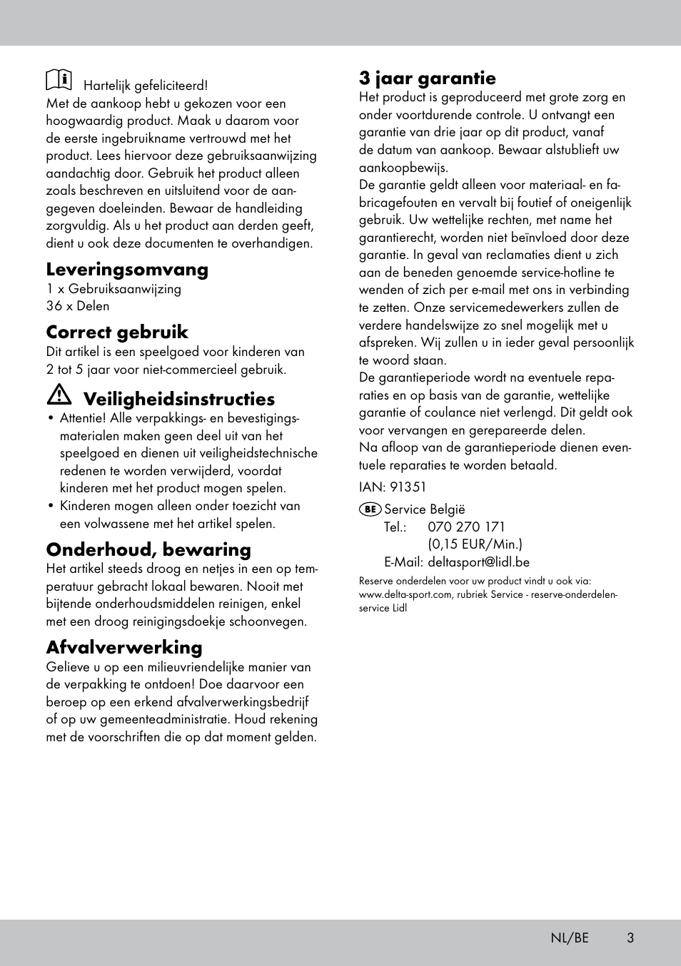 Leveringsomvang, Correct gebruik, Veiligheidsinstructies | Onderhoud, bewaring, Afvalverwerking, 3 jaar garantie | Playtive WOODEN MARBLE RUN User Manual | Page 3 / 8