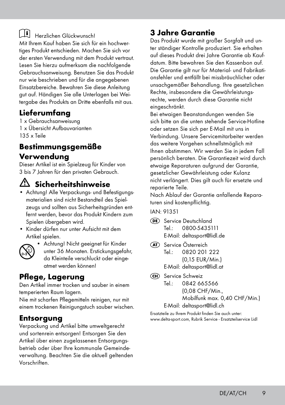 Lieferumfang, Bestimmungsgemäße verwendung, Sicherheitshinweise | Pflege, lagerung, Entsorgung, 3 jahre garantie | Playtive BUILDING BLOCKS User Manual | Page 9 / 12