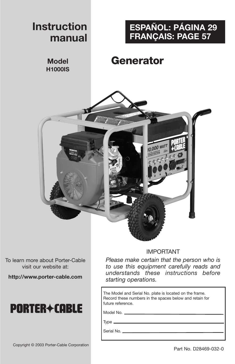 Porter-Cable H1000IS User Manual | 28 pages