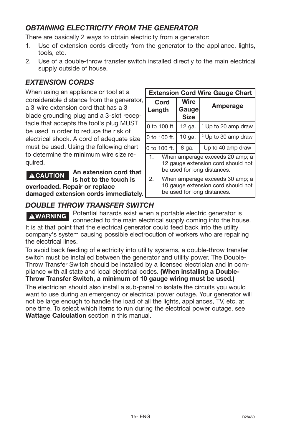 Extension cords, Double throw transfer switch, Obtaining electricity from the generator | Porter-Cable H1000IS User Manual | Page 15 / 28