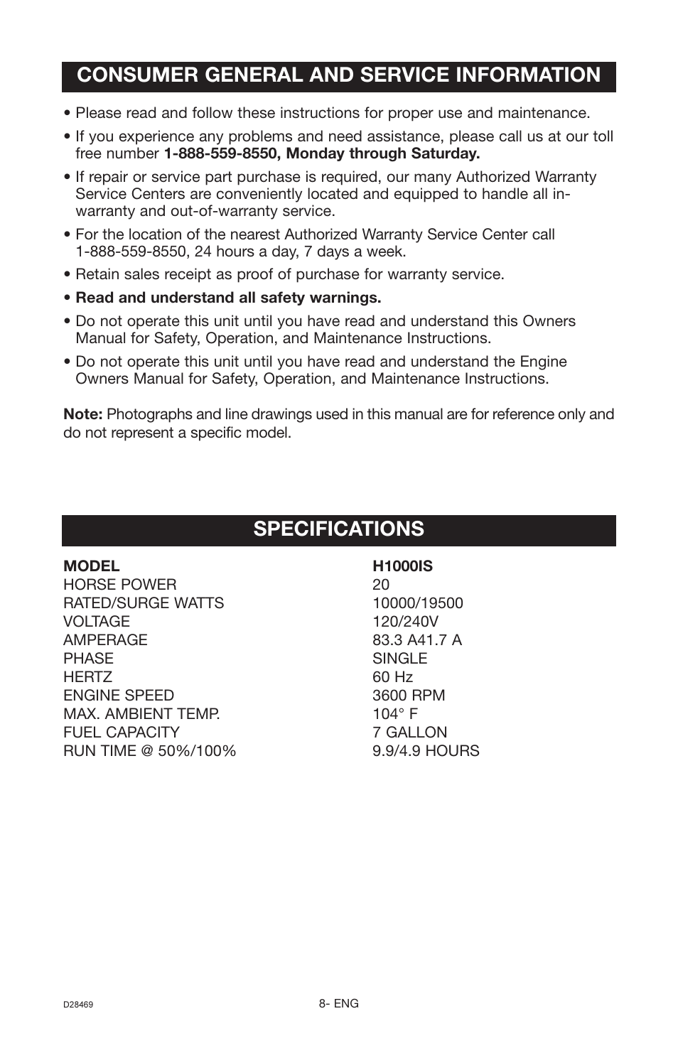 Specifications, Consumer general and service information | Porter-Cable H1000IS User Manual | Page 8 / 28