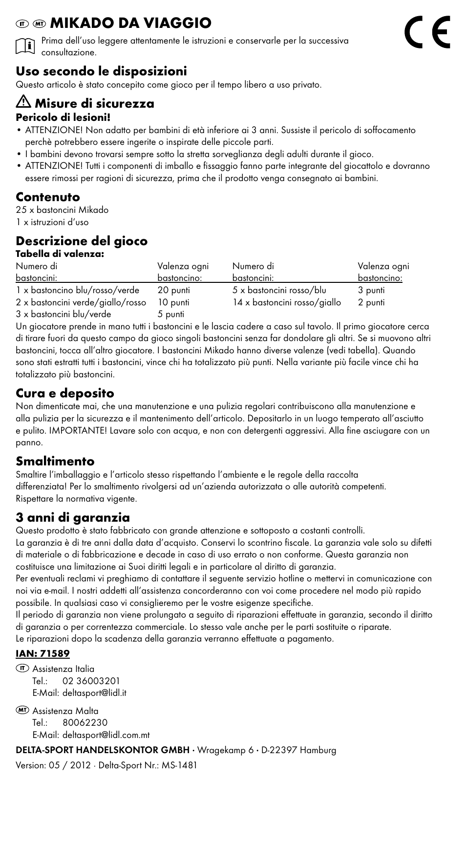 Mikado da viaggio, Uso secondo le disposizioni, Misure di sicurezza | Contenuto, Descrizione del gioco, Cura e deposito, Smaltimento, 3 anni di garanzia | Playtive CROQUET SET User Manual | Page 2 / 5