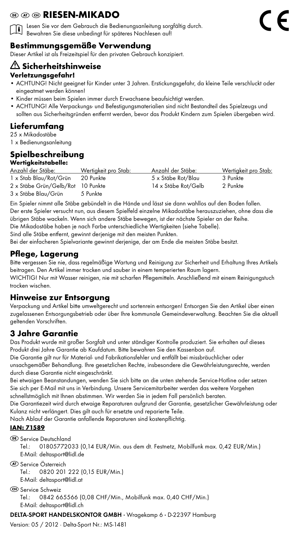 Riesen-mikado, Bestimmungsgemäße verwendung, Sicherheitshinweise | Lieferumfang, Spielbeschreibung, Pflege, lagerung, Hinweise zur entsorgung, 3 jahre garantie | Playtive CROQUET SET User Manual | Page 5 / 5