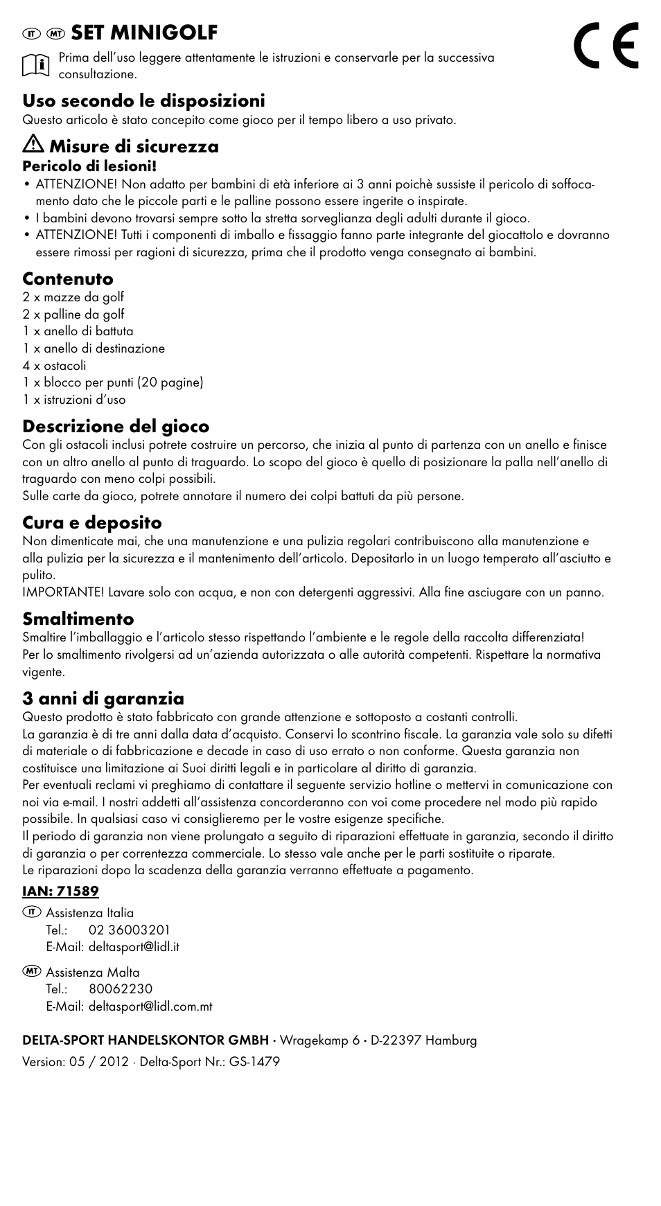 Set minigolf, Uso secondo le disposizioni, Misure di sicurezza | Contenuto, Descrizione del gioco, Cura e deposito, Smaltimento, 3 anni di garanzia | Playtive GIANT PICK-UP STICKS User Manual | Page 2 / 5