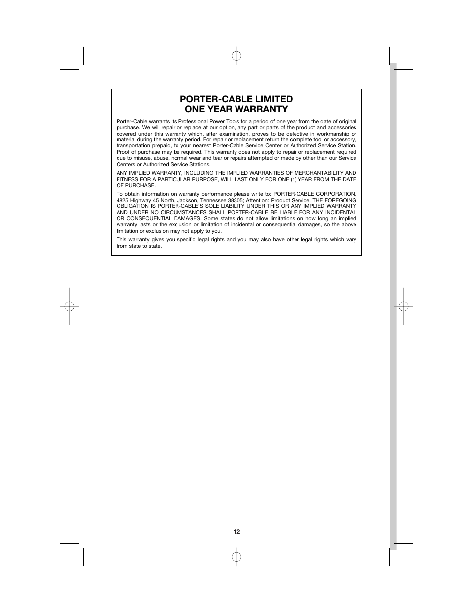 Porter-cable limited one year warranty | Porter-Cable MODEL 7408 User Manual | Page 12 / 13