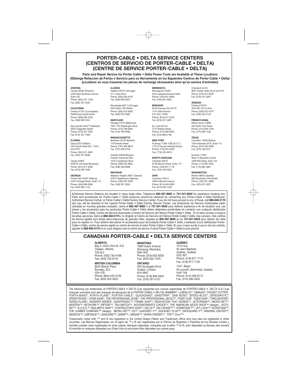 Canadian porter-cable • delta service centers | Porter-Cable MODEL 7408 User Manual | Page 13 / 13