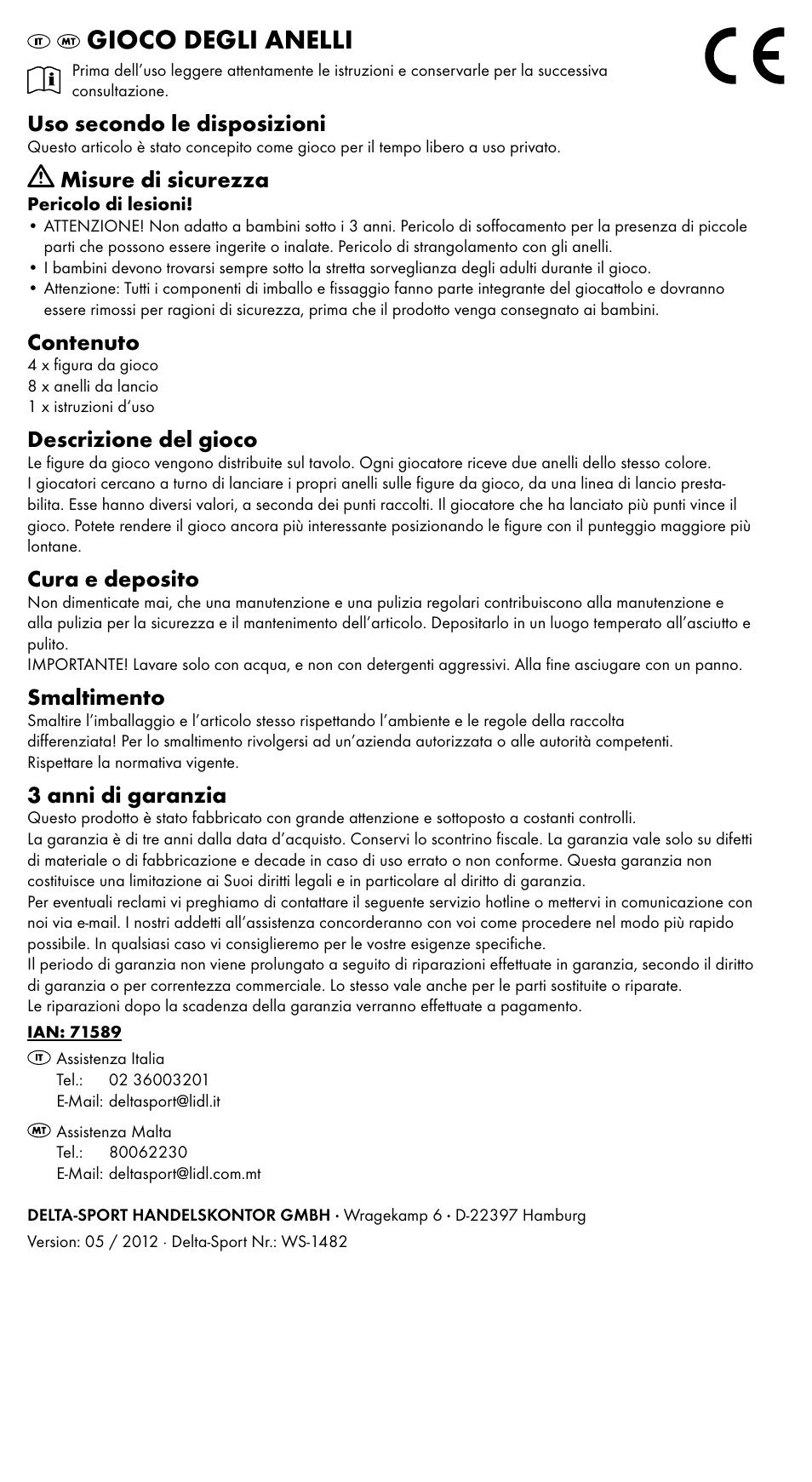 Gioco degli anelli, Uso secondo le disposizioni, Misure di sicurezza | Contenuto, Descrizione del gioco, Cura e deposito, Smaltimento, 3 anni di garanzia | Playtive HOOPLA GAME User Manual | Page 2 / 5