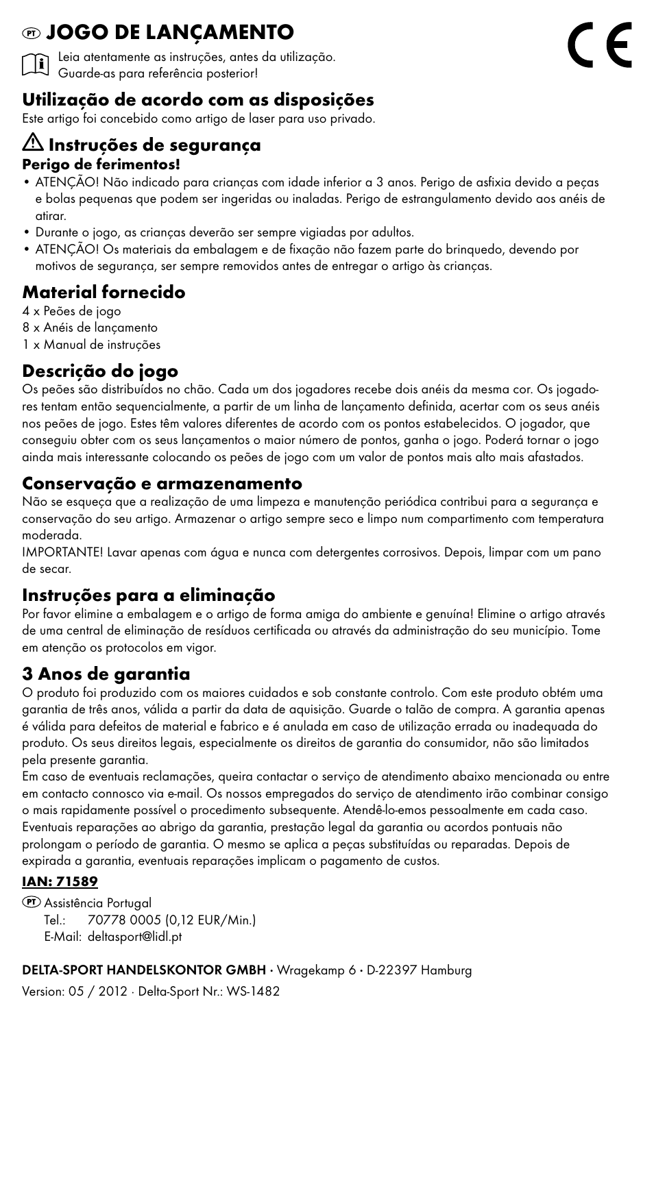 Jogo de lançamento, Utilização de acordo com as disposições, Instruções de segurança | Material fornecido, Descrição do jogo, Conservação e armazenamento, Instruções para a eliminação, 3 anos de garantia | Playtive HOOPLA GAME User Manual | Page 3 / 5