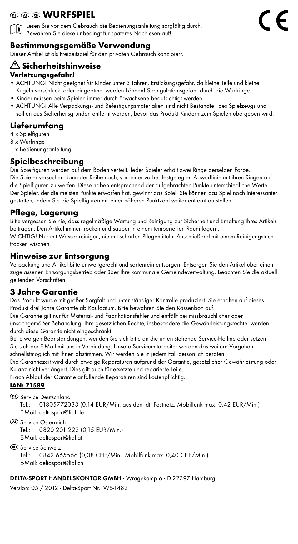 Wurfspiel, Bestimmungsgemäße verwendung, Sicherheitshinweise | Lieferumfang, Spielbeschreibung, Pflege, lagerung, Hinweise zur entsorgung, 3 jahre garantie | Playtive HOOPLA GAME User Manual | Page 5 / 5