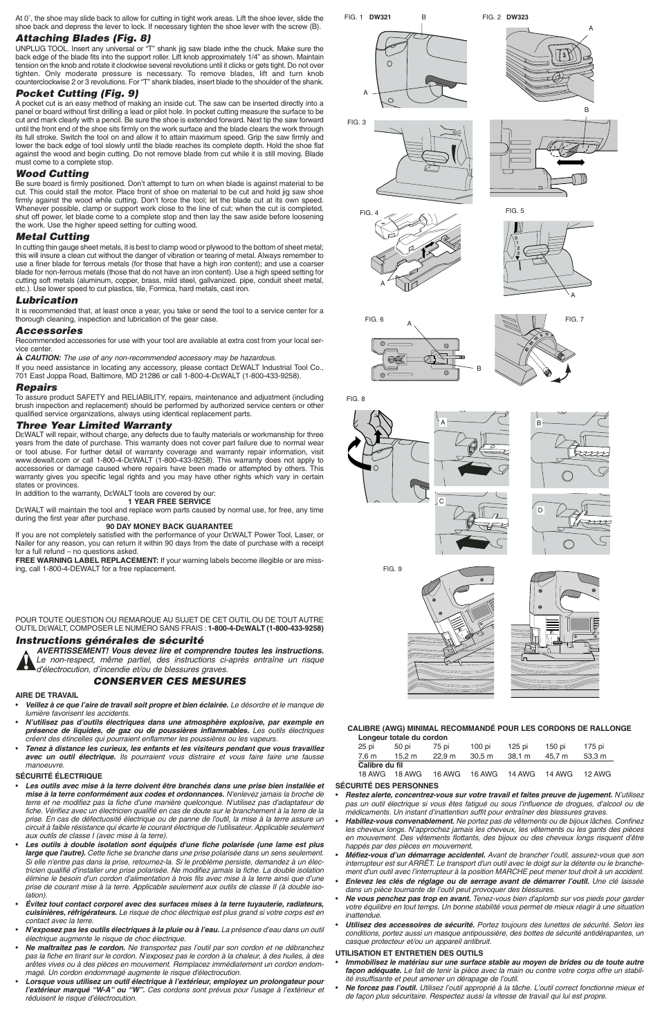 Attaching blades (fig. 8), Pocket cutting (fig. 9), Wood cutting | Metal cutting, Lubrication, Accessories, Repairs, Three year limited warranty, Instructions générales de sécurité, Conserver ces mesures | DeWalt DW323 User Manual | Page 2 / 5