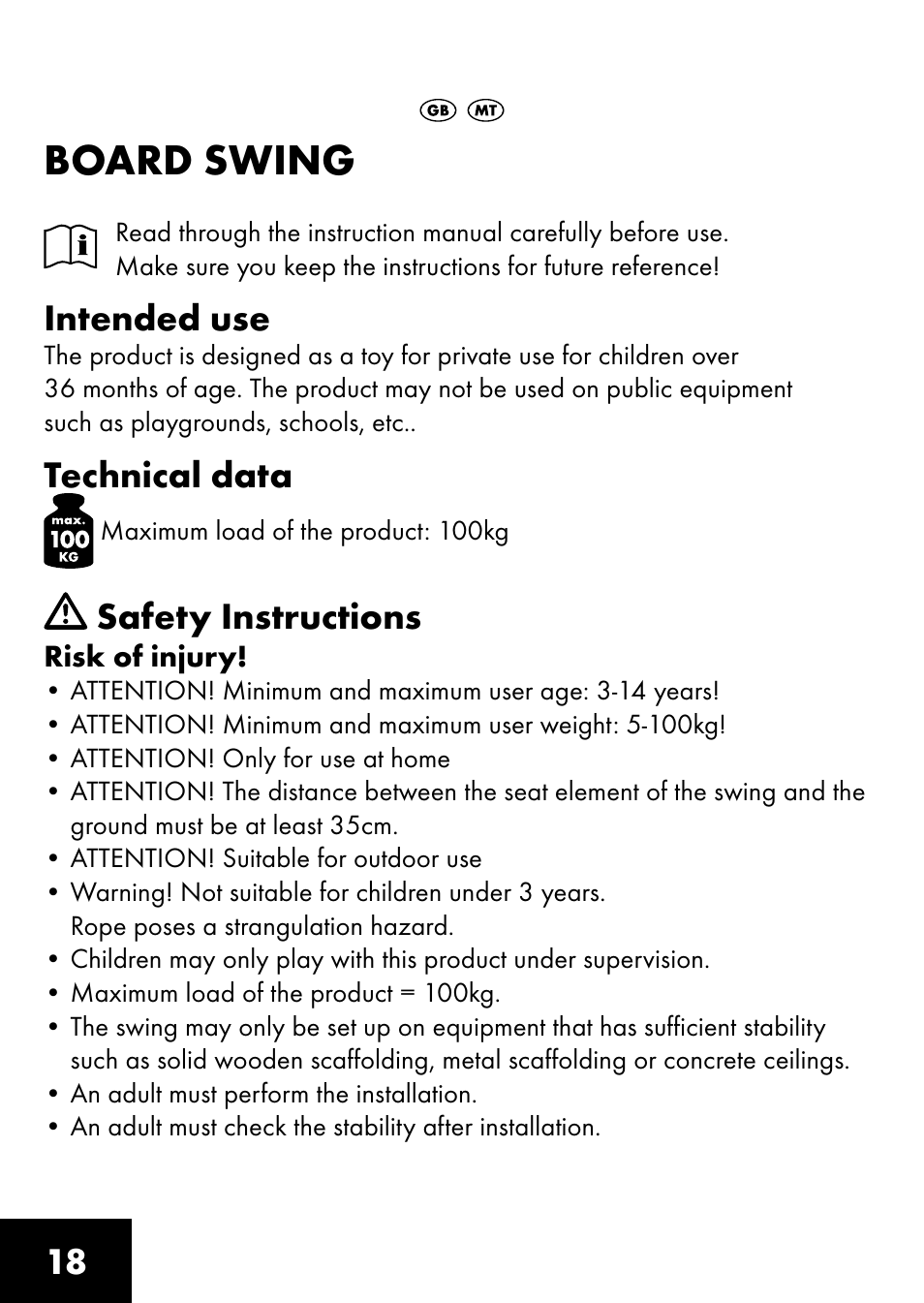 Board swing, Intended use, Technical data | Safety instructions | Playtive BOARD SWING User Manual | Page 16 / 28