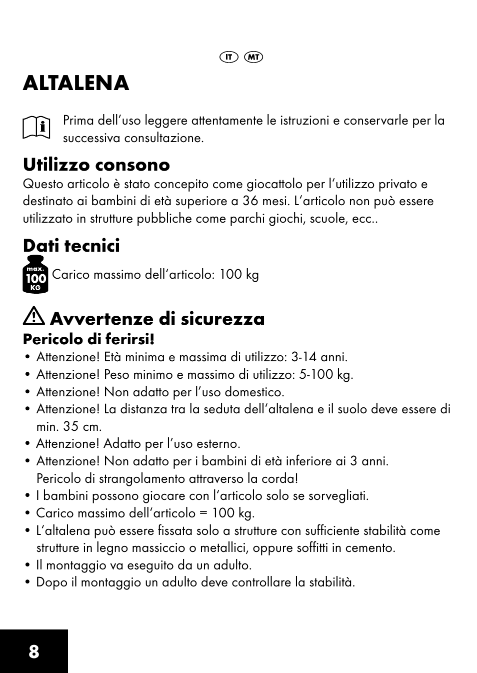 Altalena, Utilizzo consono, Dati tecnici | Avvertenze di sicurezza | Playtive BOARD SWING User Manual | Page 6 / 28