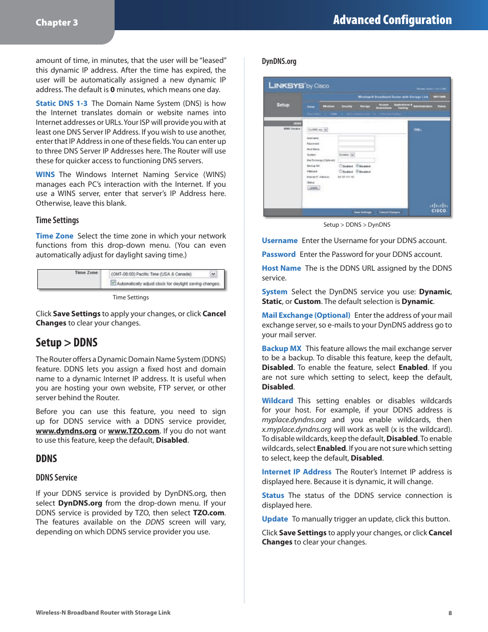Setup > ddns, Advanced configuration, Ddns | Linksys WRT160NL User Manual | Page 12 / 65