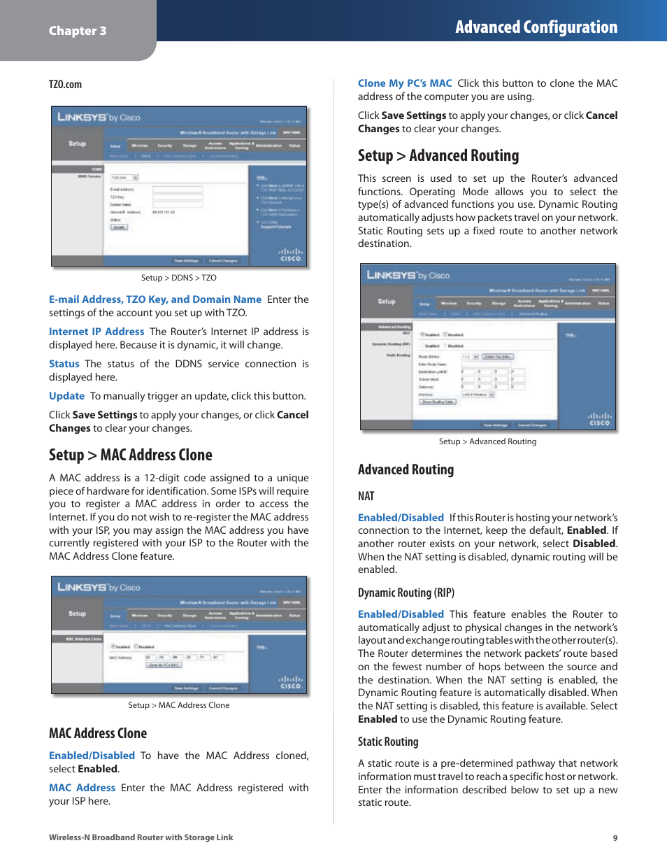 Setup > mac address clone, Setup > advanced routing, Setup > mac address clone setup > advanced routing | Advanced configuration, Mac address clone, Advanced routing | Linksys WRT160NL User Manual | Page 13 / 65