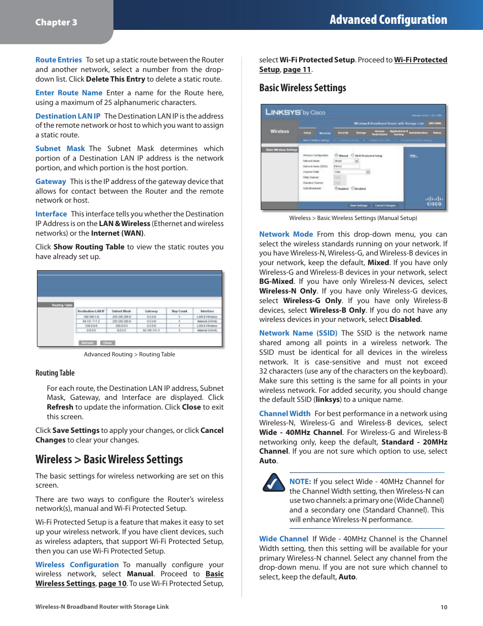 Wireless > basic wireless settings, Advanced configuration, Basic wireless settings | Linksys WRT160NL User Manual | Page 14 / 65