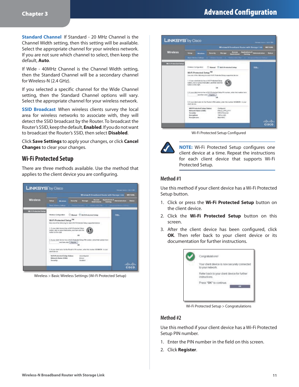 O wi-fi protected, Advanced configuration, Wi-fi protected setup | Linksys WRT160NL User Manual | Page 15 / 65