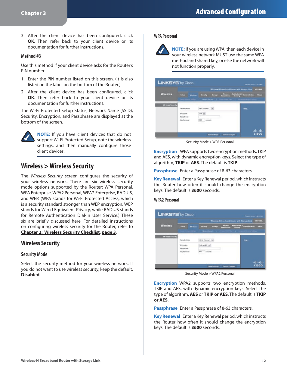 Wireless > wireless security, Advanced configuration, Wireless security | Linksys WRT160NL User Manual | Page 16 / 65