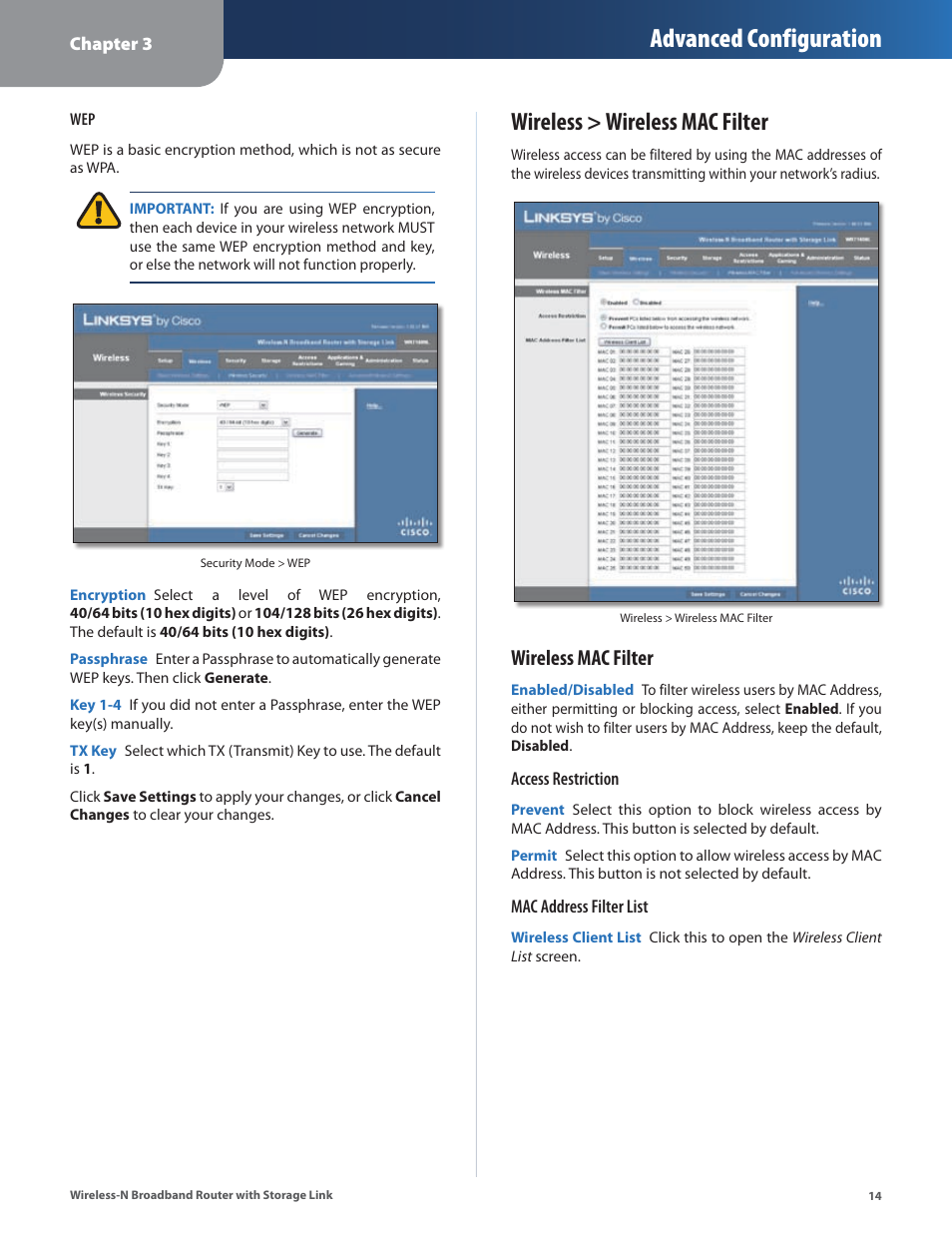 Wireless > wireless mac filter, Advanced configuration, Wireless mac filter | Linksys WRT160NL User Manual | Page 18 / 65